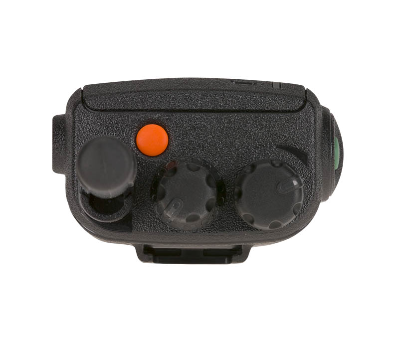 Black control device with two knobs and one orange button.