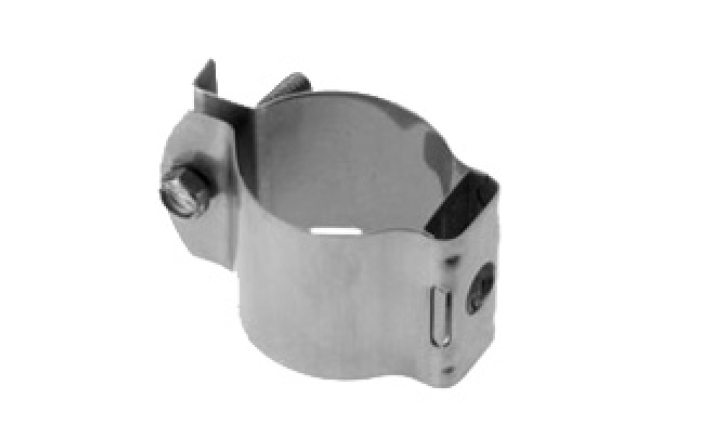 Metal pipe clamp with screw closure for securing pipes.