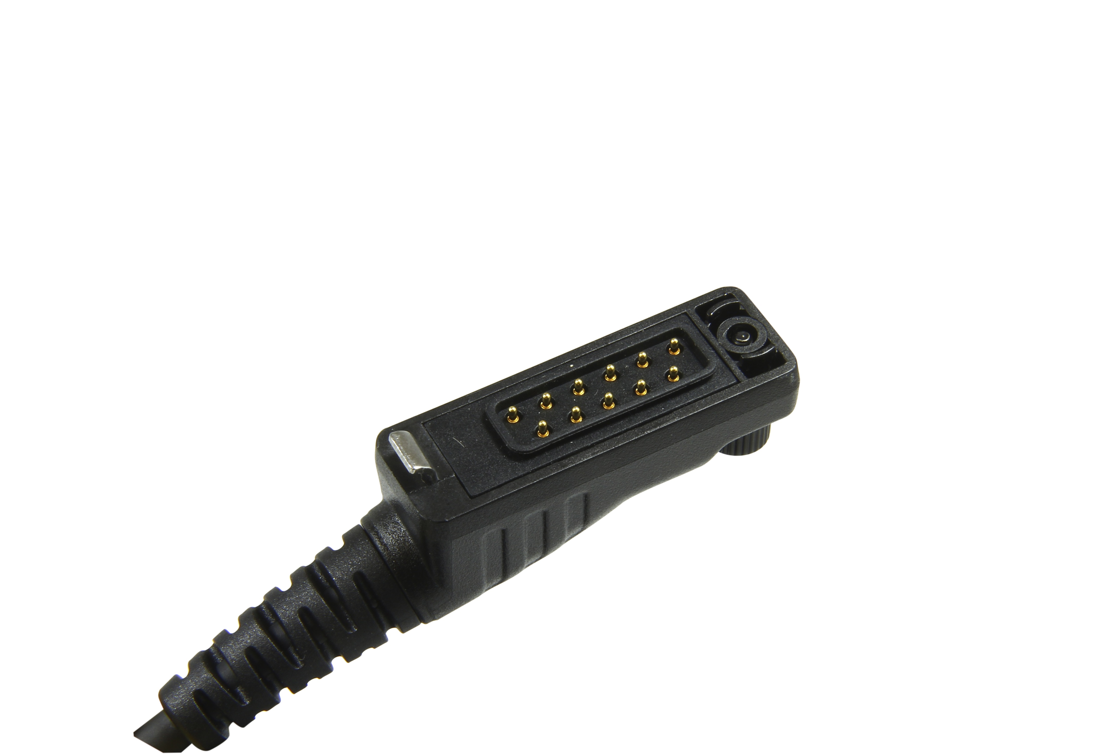 Zwarte connector met 12 gouden pinnen.