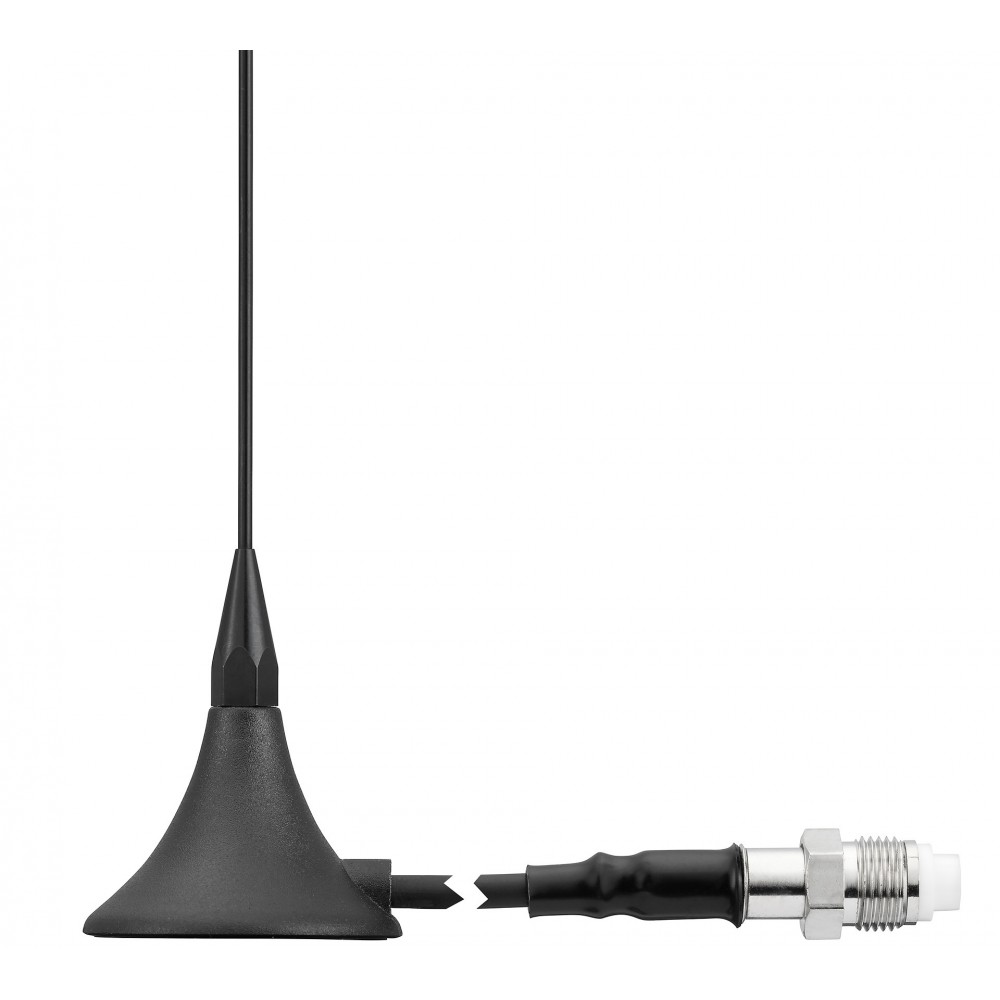 Antenne à tige noire avec base ronde, câble et connecteur argenté.