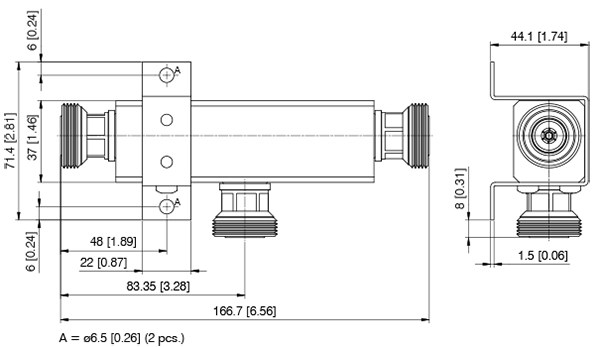Technische tekening van een hydraulisch onderdeel met maten in millimeters en inches.