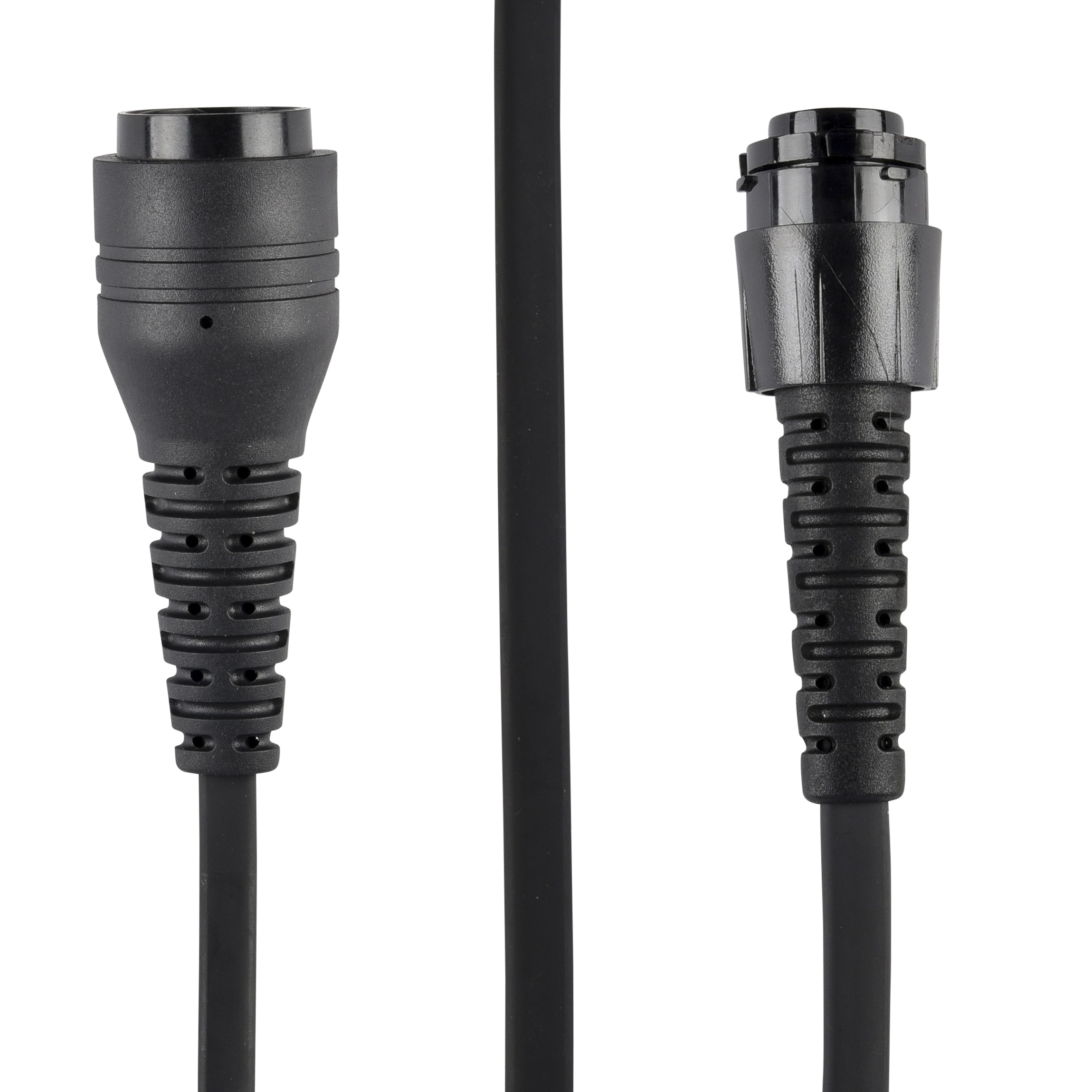 Two black, ribbed connectors with cables.