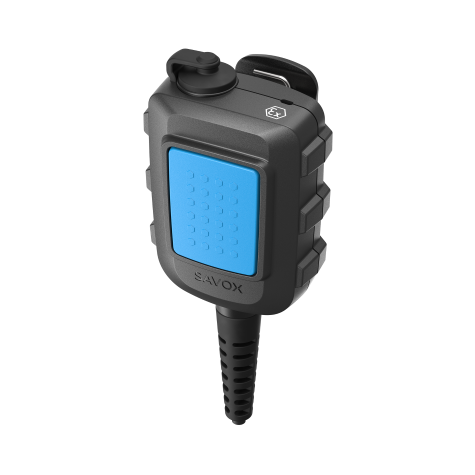 Small portable communication device with large blue button and black cable connection.