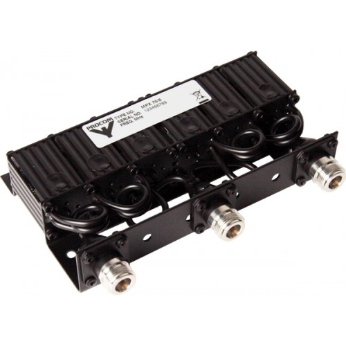Black antenna diplexer with multiple connectors and cables.