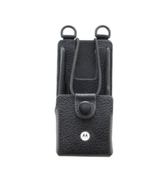 Étui en cuir noir avec logo Motorola et boucle.