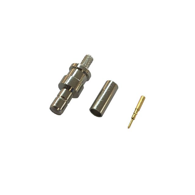 Coaxial connector kit with metal parts, adapter, sleeve, and pin.