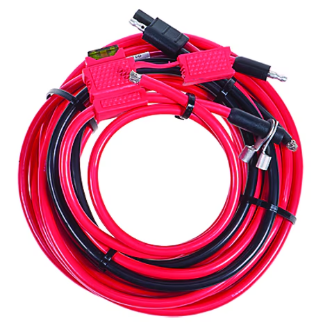 Câble de démarrage rouge avec pinces noires, enroulé.