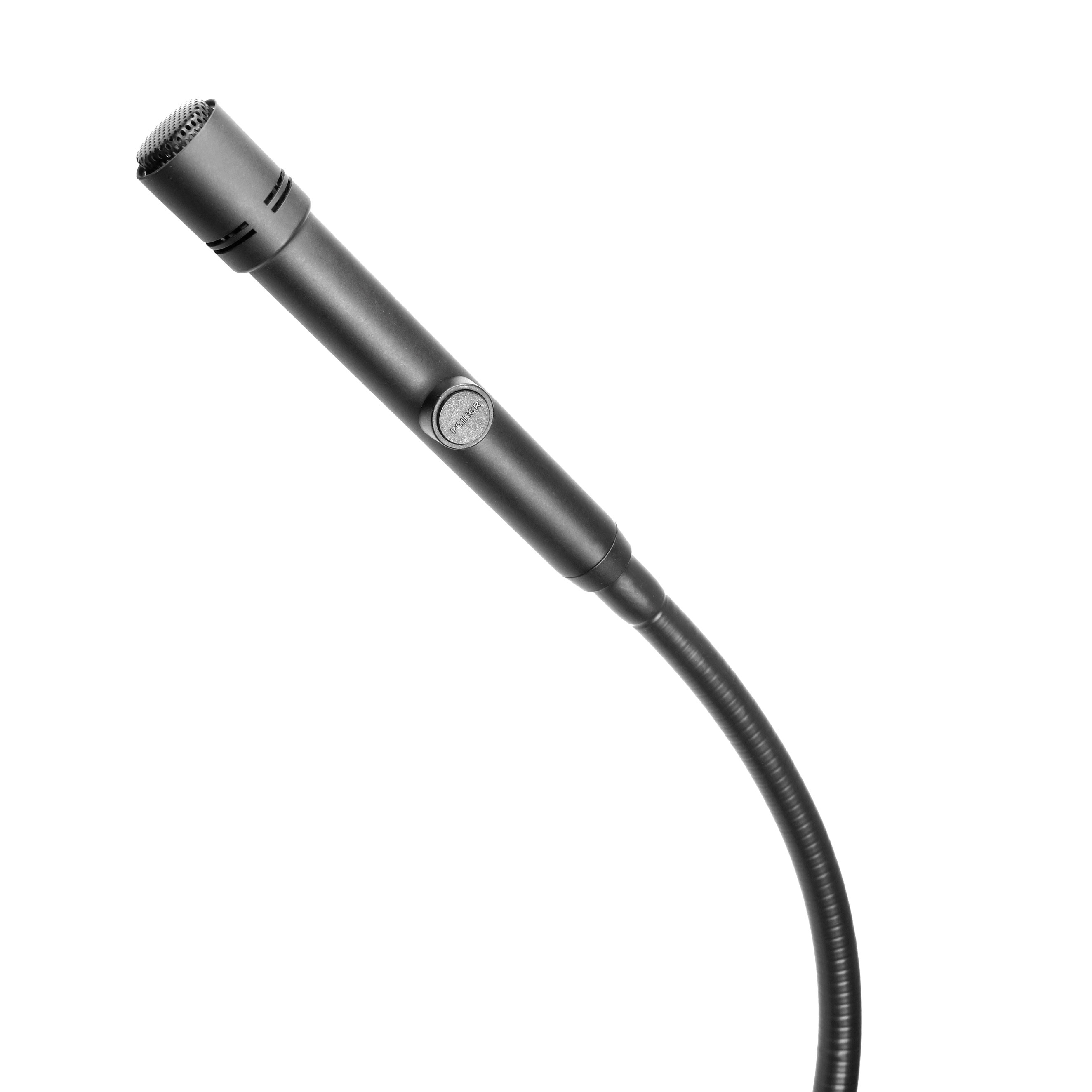 Microphone col de cygne noir avec finition mate et interrupteur rond.