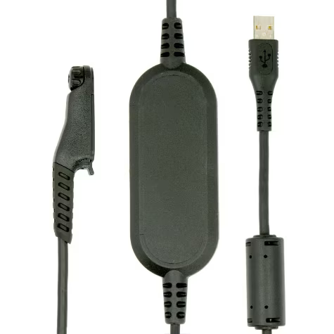 Zwart USB-kabel met ferrietkern en clips voor scheerapparaat.