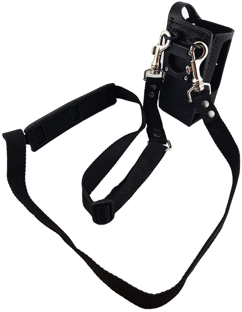 Black carrying strap with hooks and clip for bags.