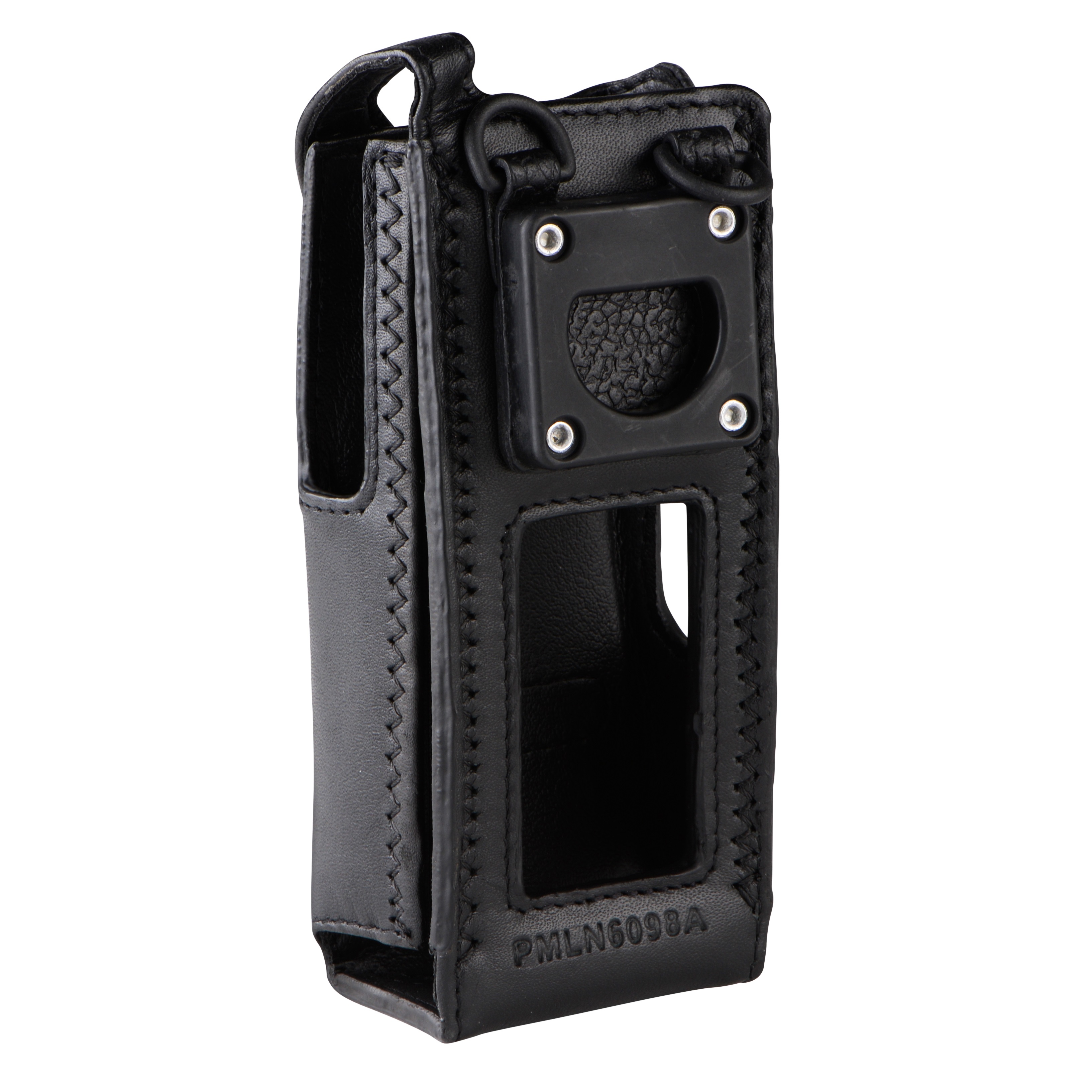 Étui de protection en cuir noir pour appareils électroniques avec avant ouvert et découpes latérales.