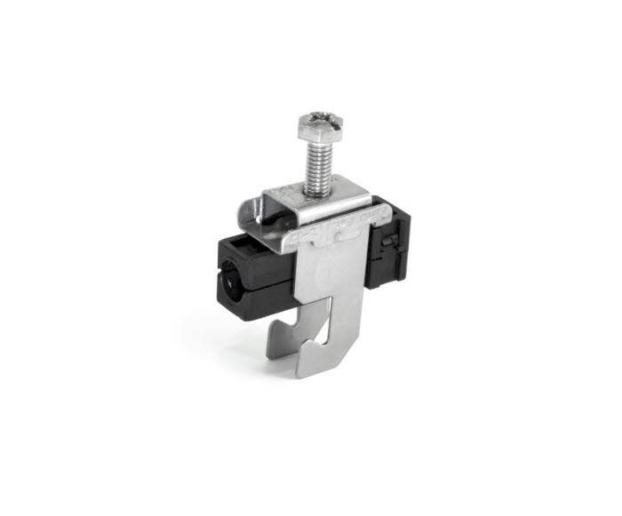 Metal cable clamp with screw and plastic base.