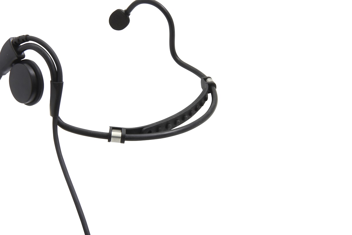 Zwarte headset met flexibele microfoonarm, linker oordopje.