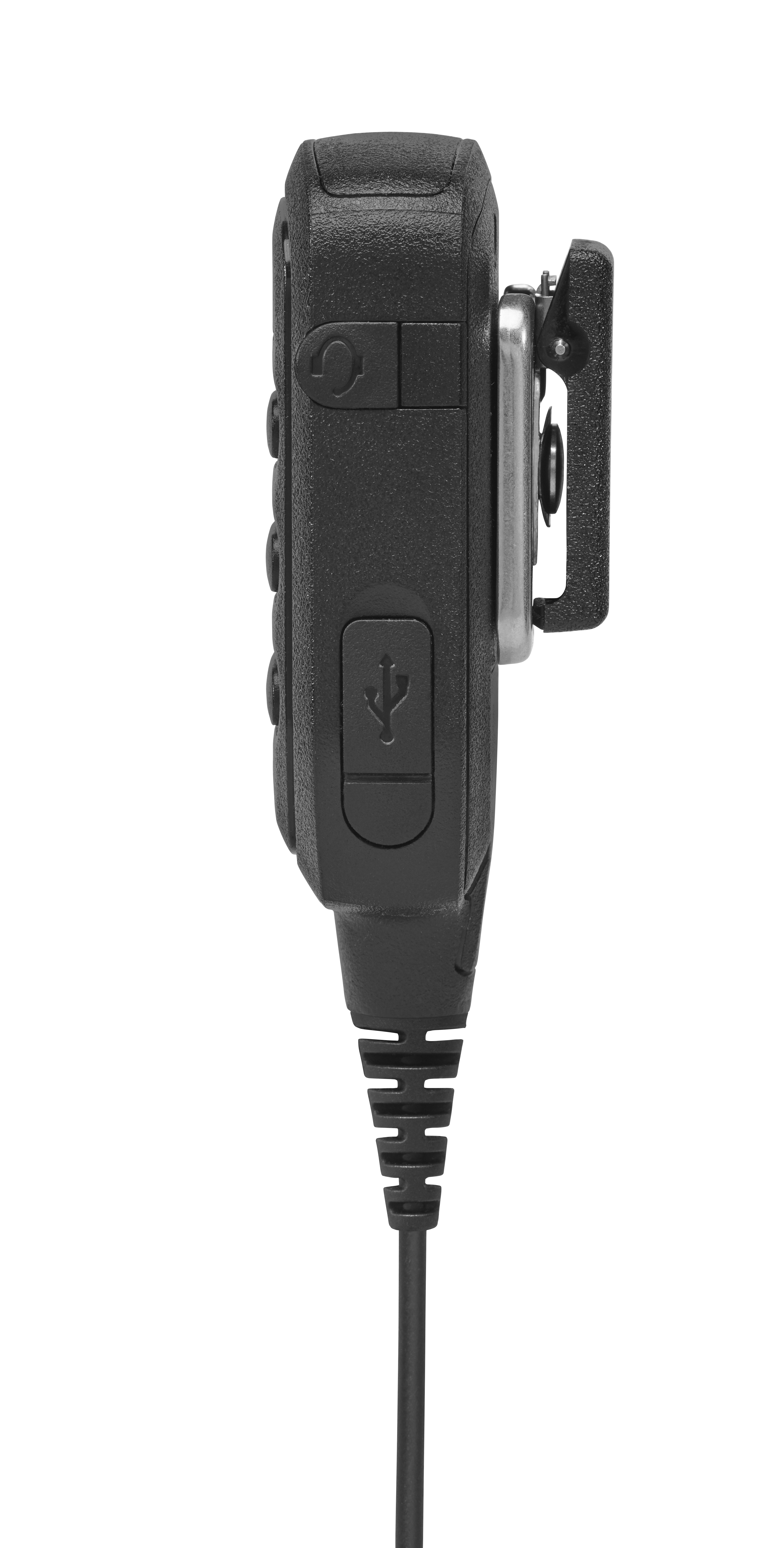 Zwarte draagbare radio met USB-poort en clipszijde.
