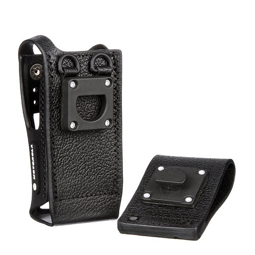 Black leather case with belt clip, for portable devices.