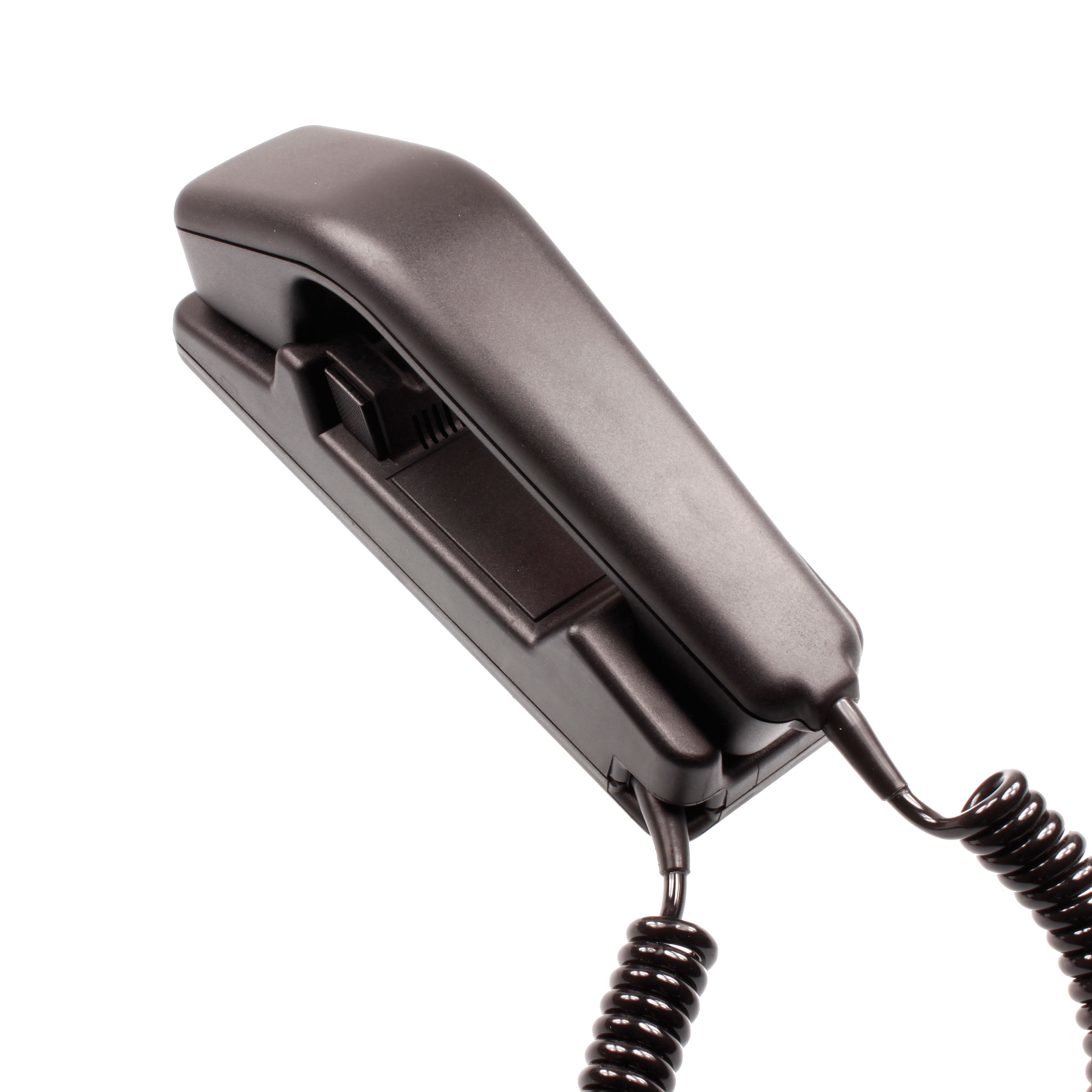 Combiné téléphonique noir avec cordon spiralé.