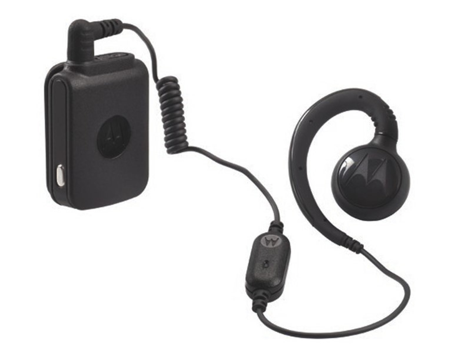 Zwart headset met oortelefoon en kabelbediening.