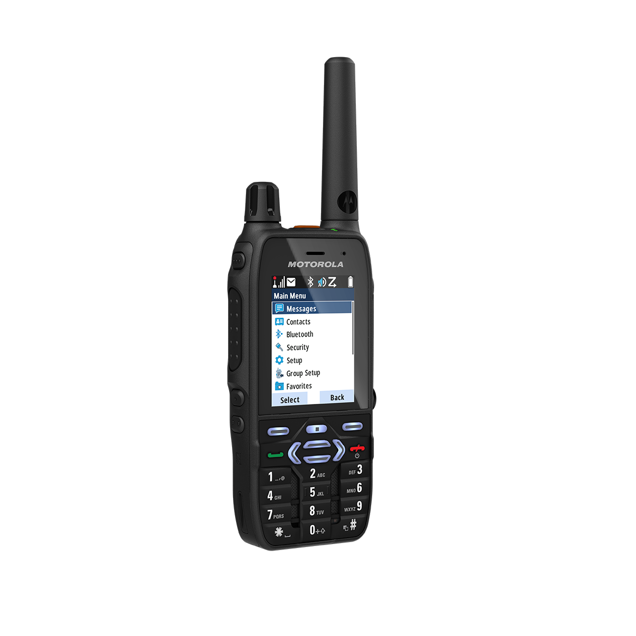 Radio with keypad and antenna, main menu displayed on screen.