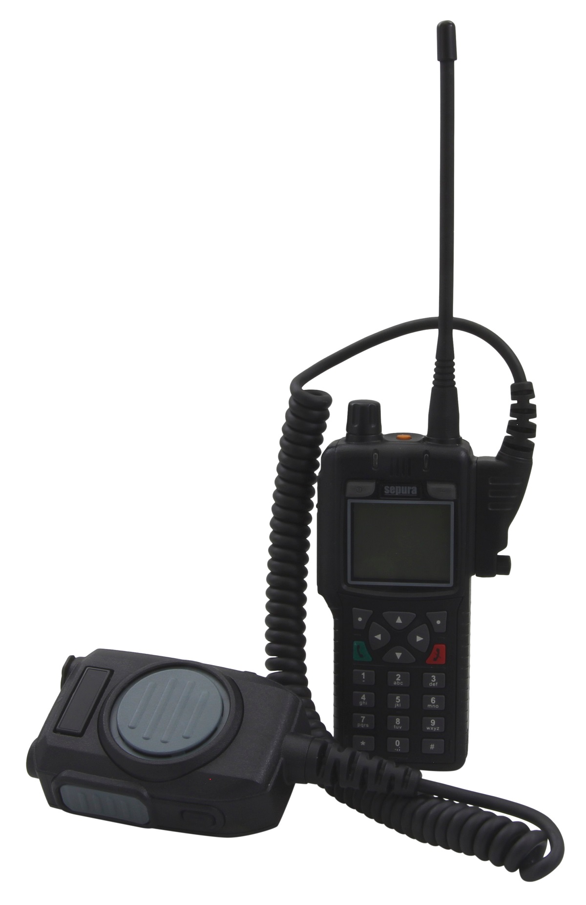 Zwart-grijze draagbare radio met microfoon en antenne.