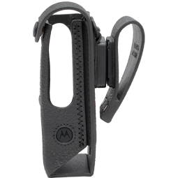 Étui en cuir noir avec boucle de ceinture pour appareils portables.