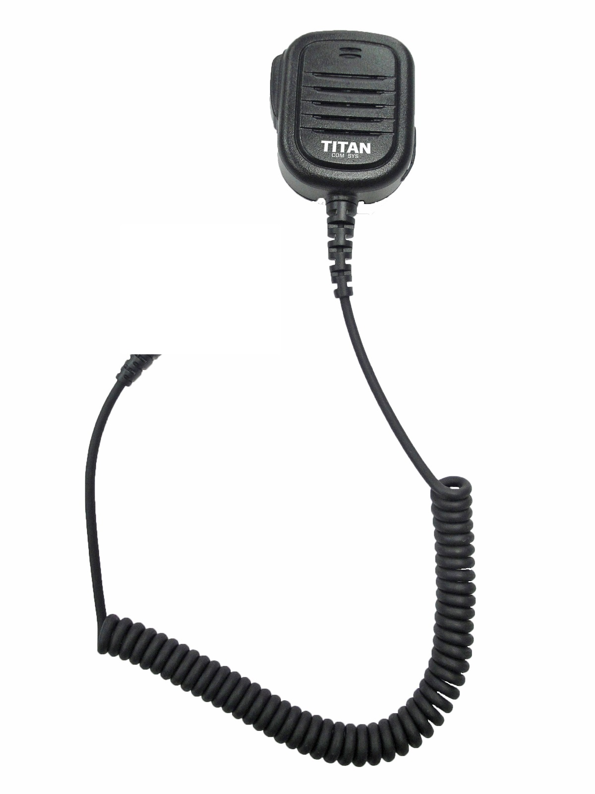 Handheld microphone with coiled cord, Titan brand.