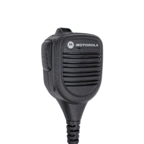 Black portable handheld microphone with coiled cable connector.