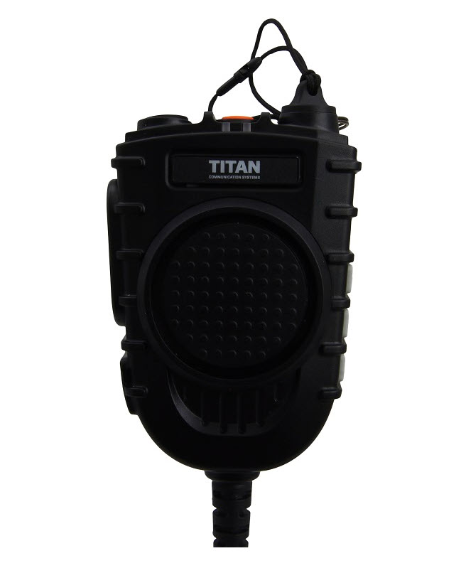 Black handheld radio with speaker, microphone, and cable.