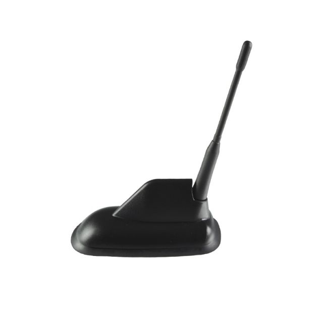 Antenne de voiture noire avec une tige longue et fine sur une base plate.