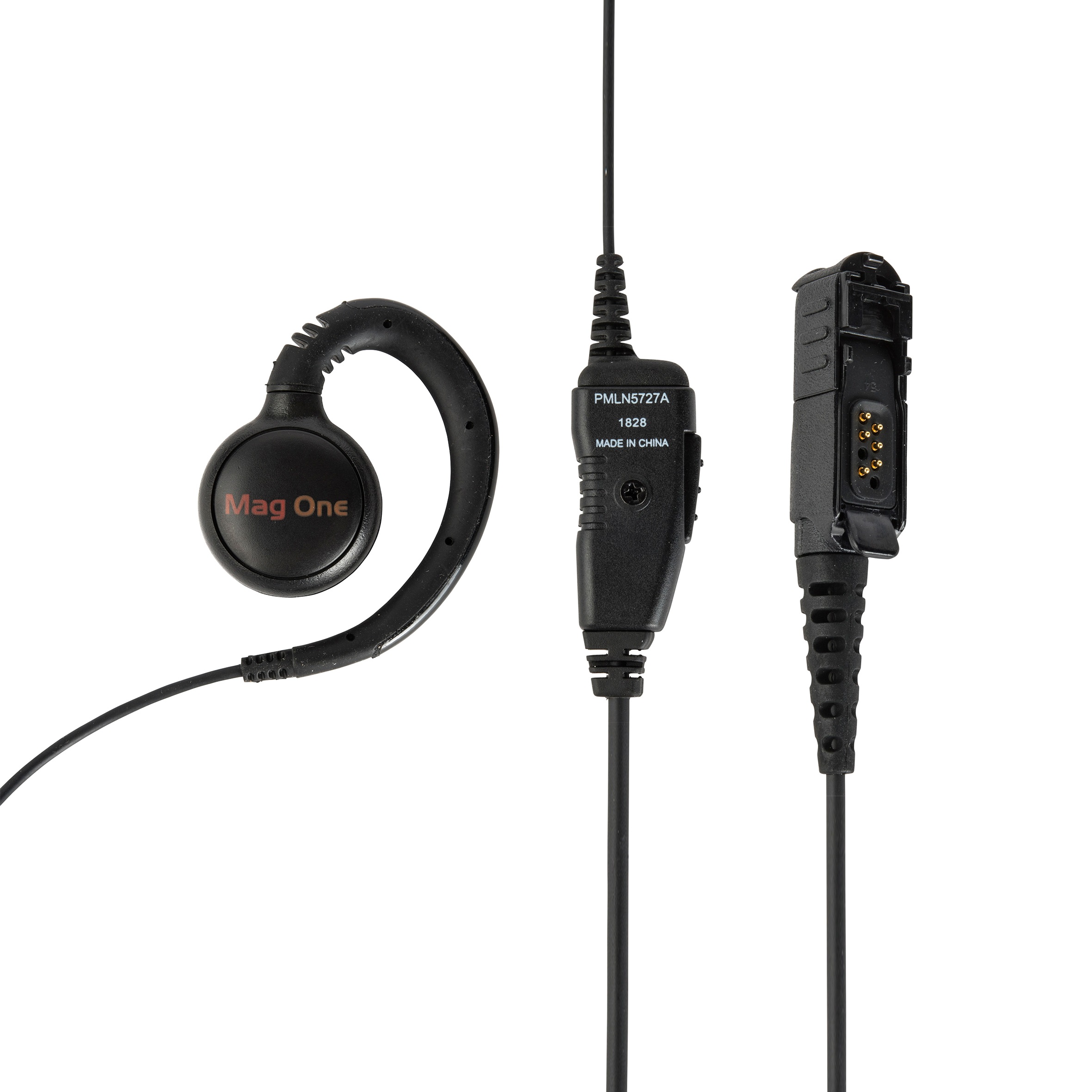 Enkele oorschelp koptelefoon met afneembare kabel en aansluitplug.