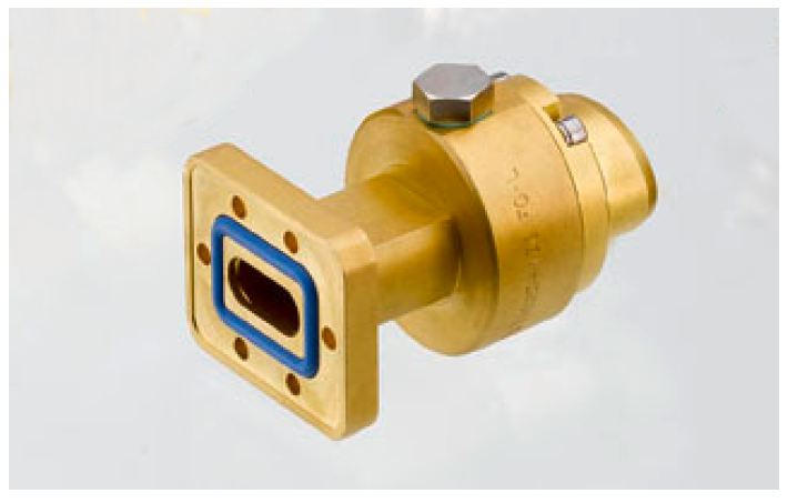 Rectangular brass RF connector with blue lining.