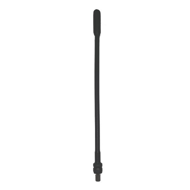 Black flexible antenna with screw thread at the base.