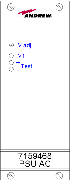 Bedieningspaneel met logo's en tekst, gelabeld 'V adj.', 'V1', '+', '-', 'Test', '7159468 PSU AC'.