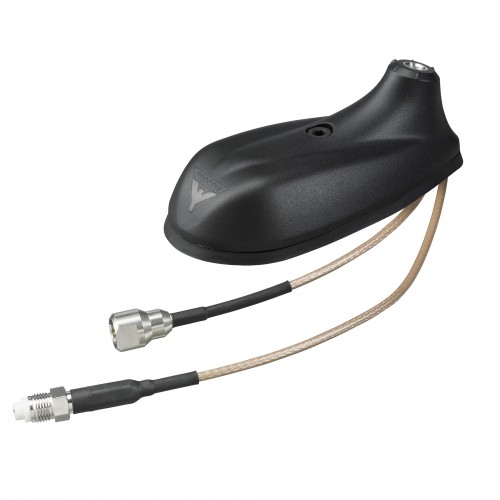 Zwarte auto-antenne met twee kabelconnectoren.