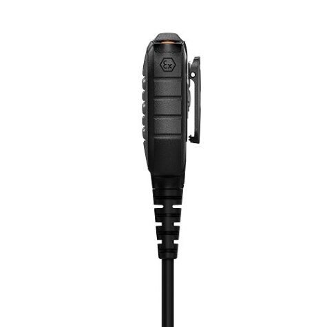 Zijaanzicht van een zwart radioaccessoire met kabel.