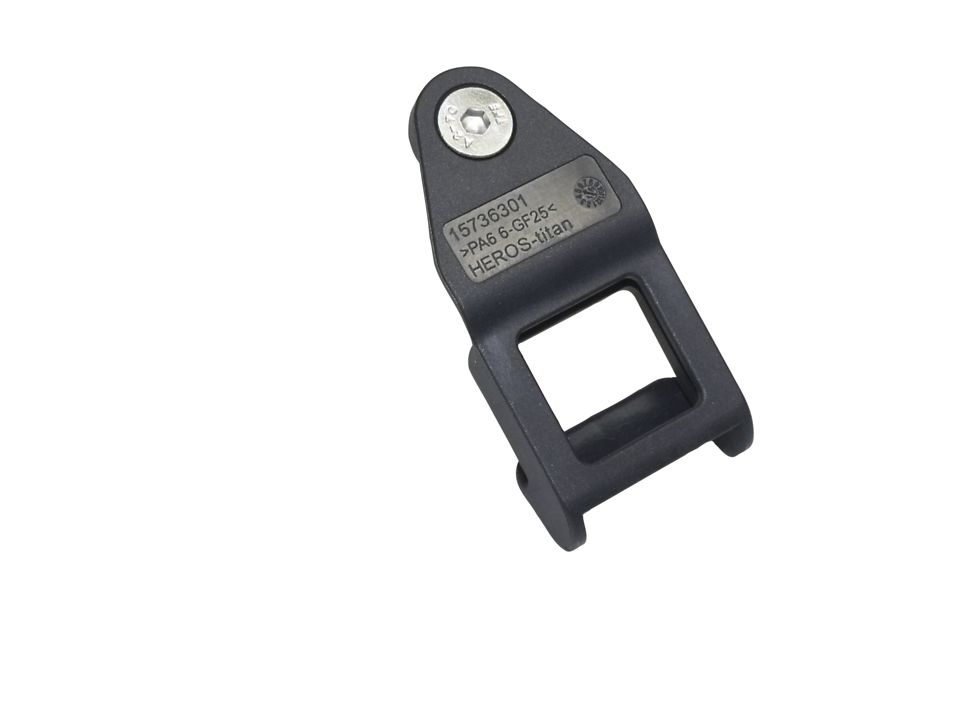 Zwarte plastic clip met schroef en gravure 'HEROS-titan'.