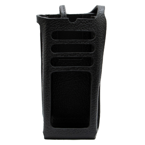 Black leather case with cutouts on the front.