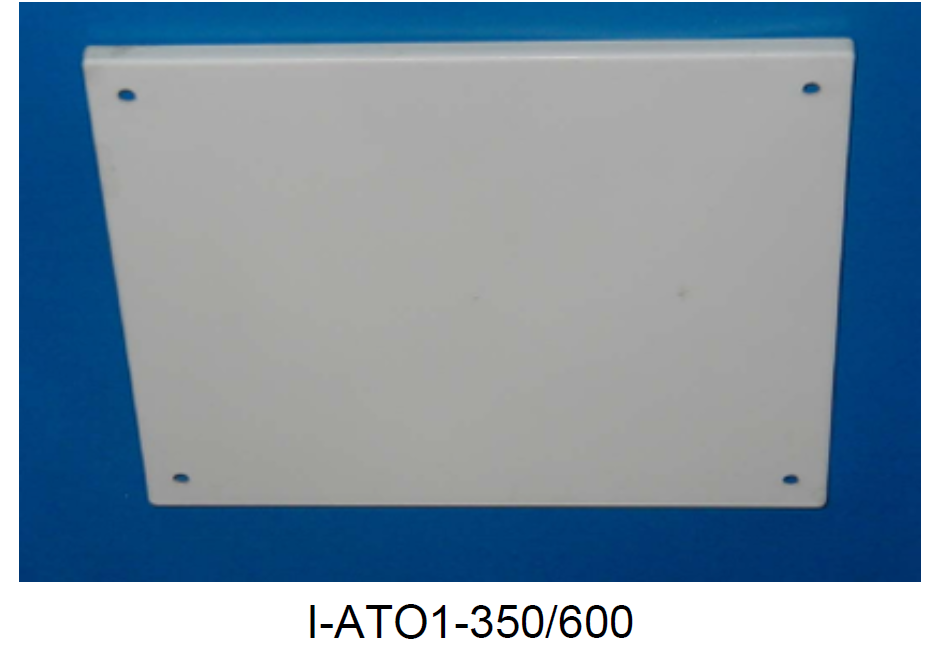 White rectangular plate with four holes, on blue background.