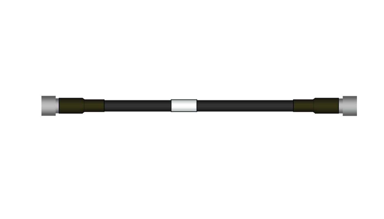 Zwart kabel met metalen connectors aan beide uiteinden.