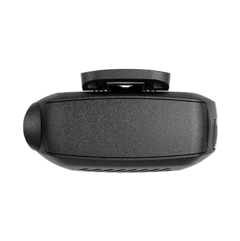 Black, rectangular device with round side buttons, top view.