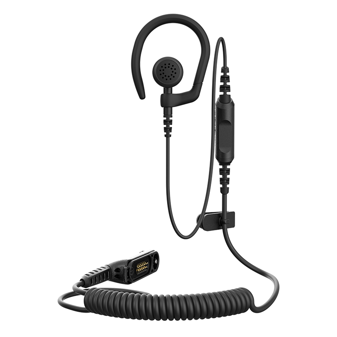 Zwarte oorhaak-koptelefoon met kabel en connector.