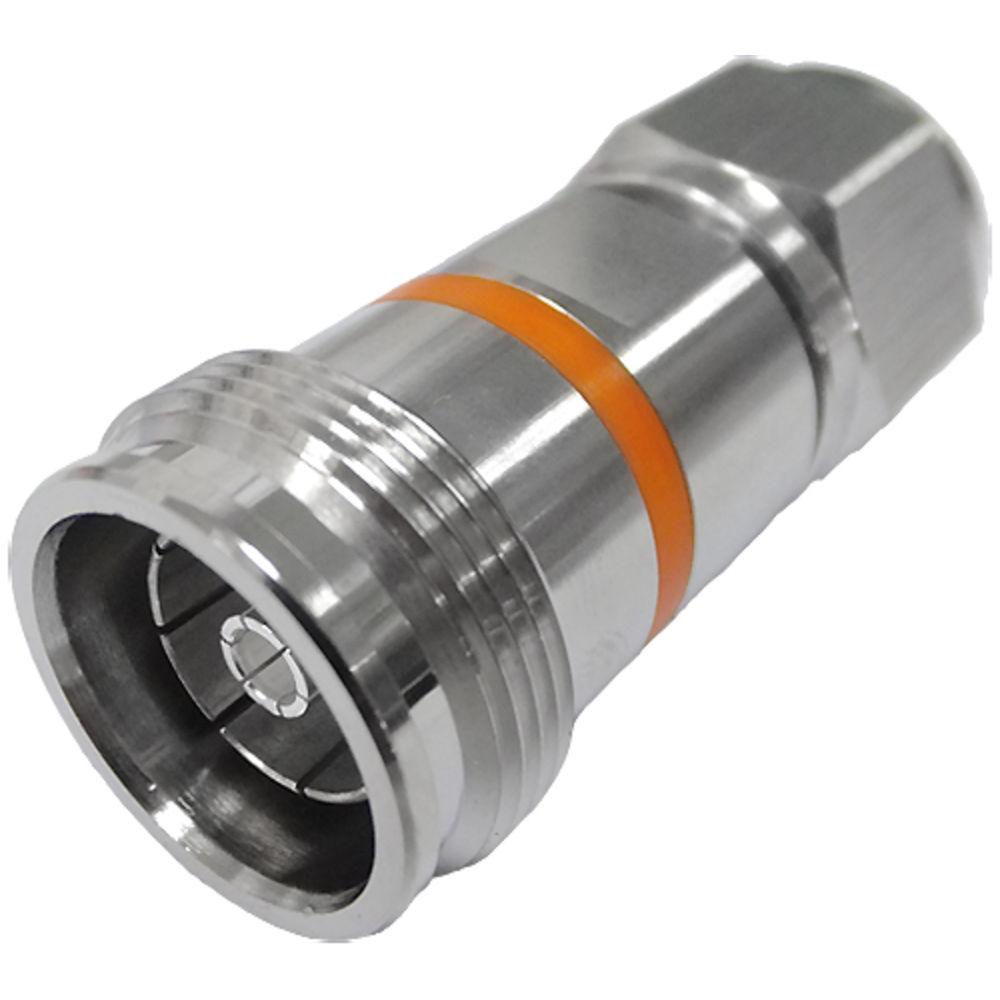 Metalen connector met oranje afdichting, cilindrische vorm.