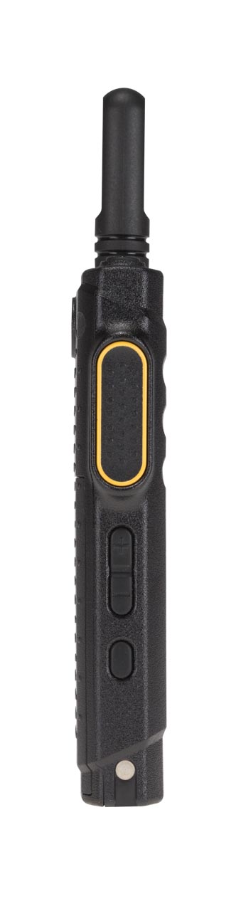 Vue latérale d'un talkie-walkie noir avec un bouton jaune.