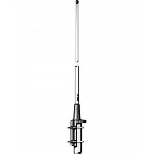 Zwart-wit afbeelding van een lange telescopische antenne met beugel.