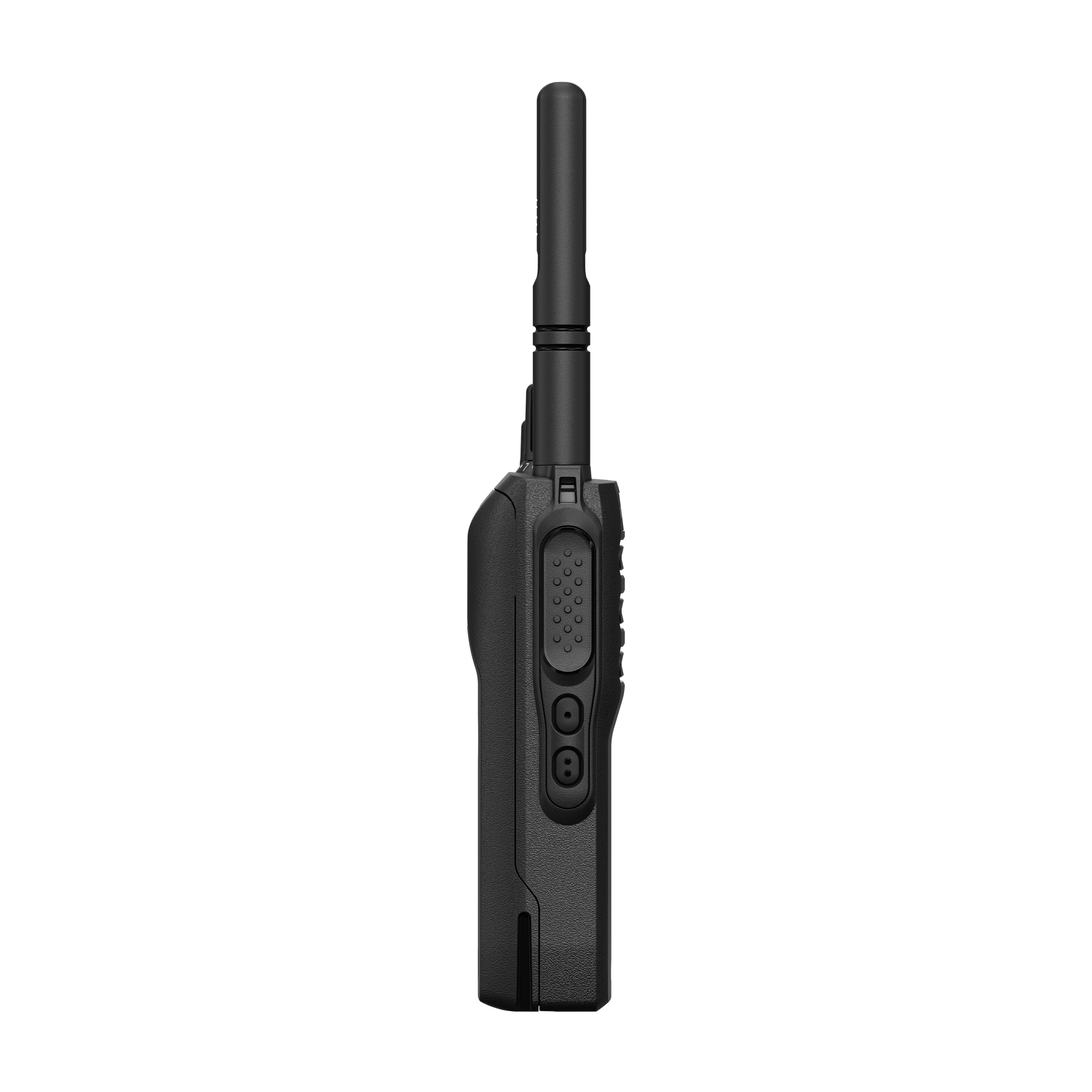 Black two-way radio in side view with antenna, buttons, and rubber cover.