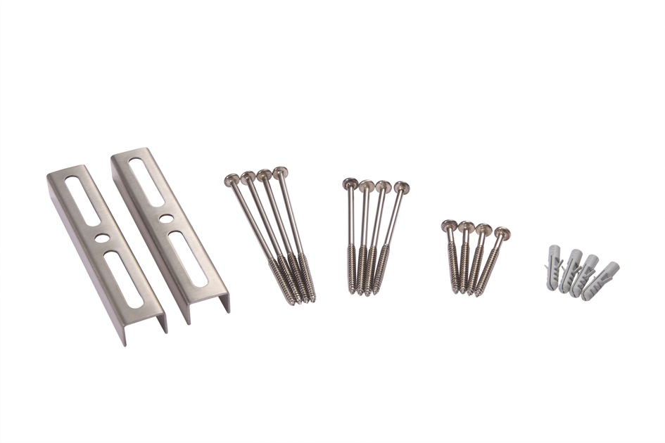 Mounting kit with two brackets, screws, and wall plugs.