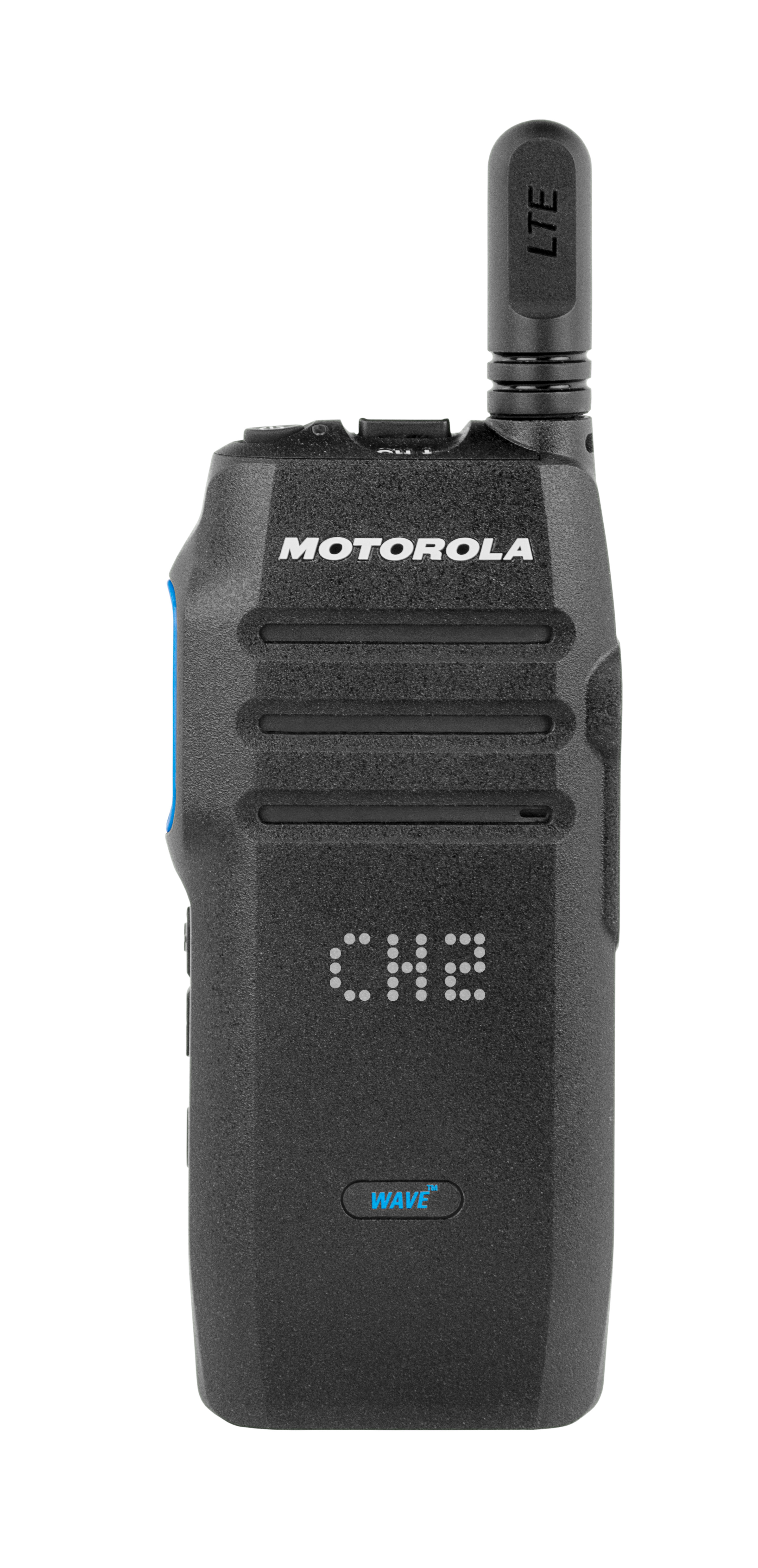 7000_00471100_MOT_01.jpg Zwarte handheld radio met LTE-antenne, toont CH2.