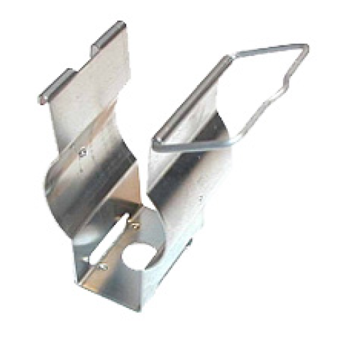 Metal clip with flexible hook and hole for mounting.