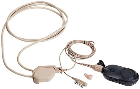 Headset with earpiece, microphone, and cable in beige and black.