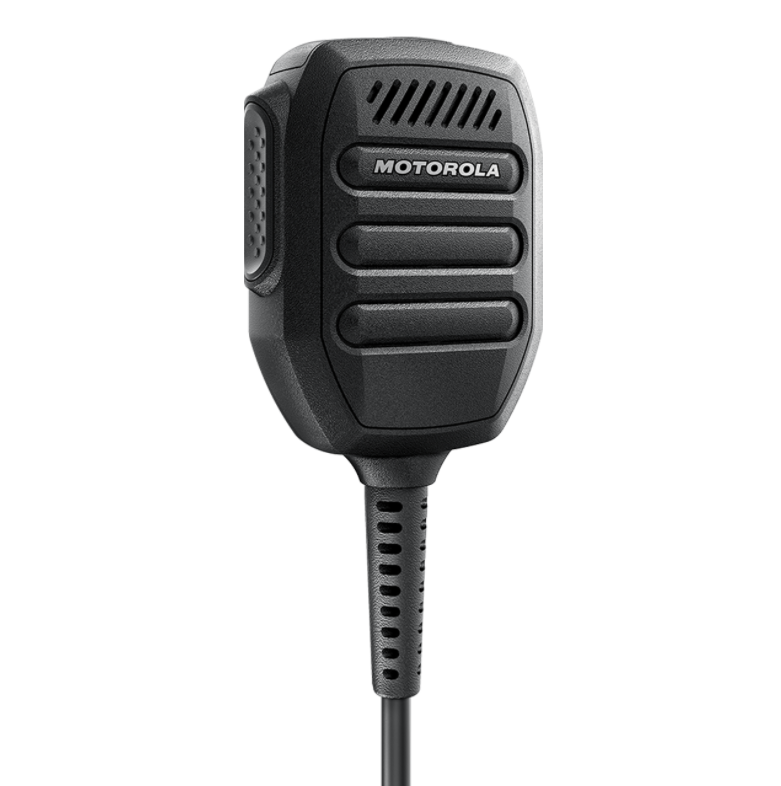 Black handheld microphone with cable, Motorola brand.