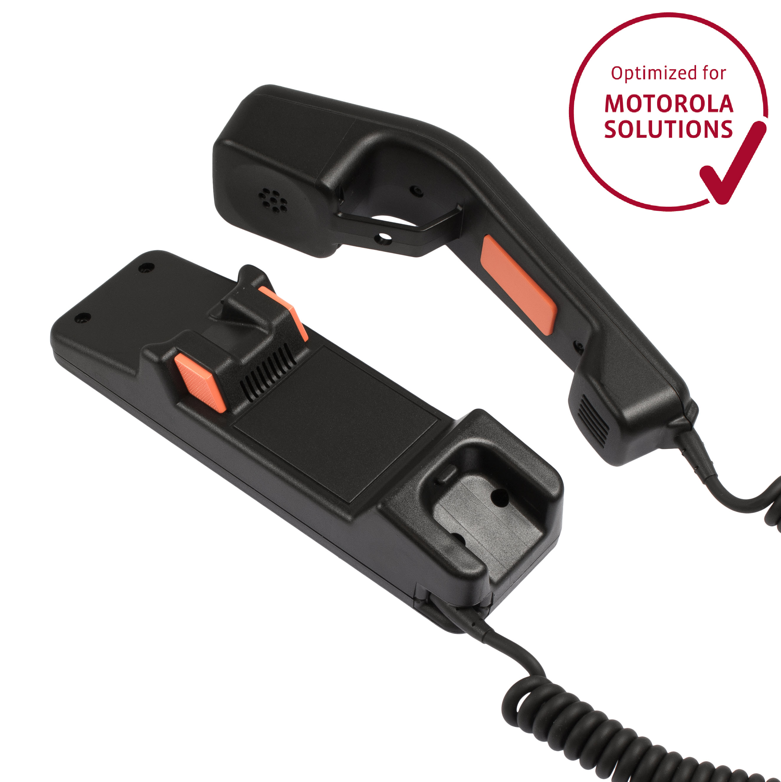 Combiné noir et base avec accents orange, optimisés pour Motorola Solutions.